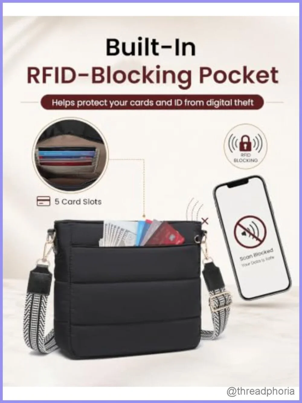anti theft crossbody bag RFID blocking puffer quilted nylon women small